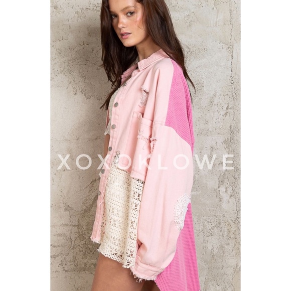 LAST ONE POL Pink Patchwork Button Down Crochet Lace Denim Oversized Fit - Picture 13 of 15